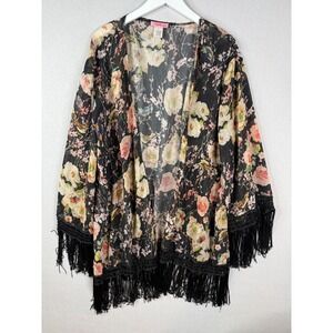 Lydia USA Fringe Kimono Women L Black Floral Bird Sheer Boho Whimsigoth Festival